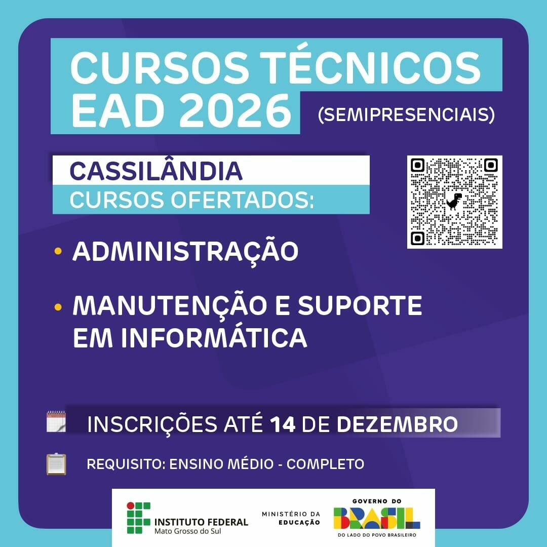 Imagem de compartilhamento para o artigo IFMS abre inscrições para cursos técnicos semipresenciais em Cassilândia para 2026 da MS Todo dia